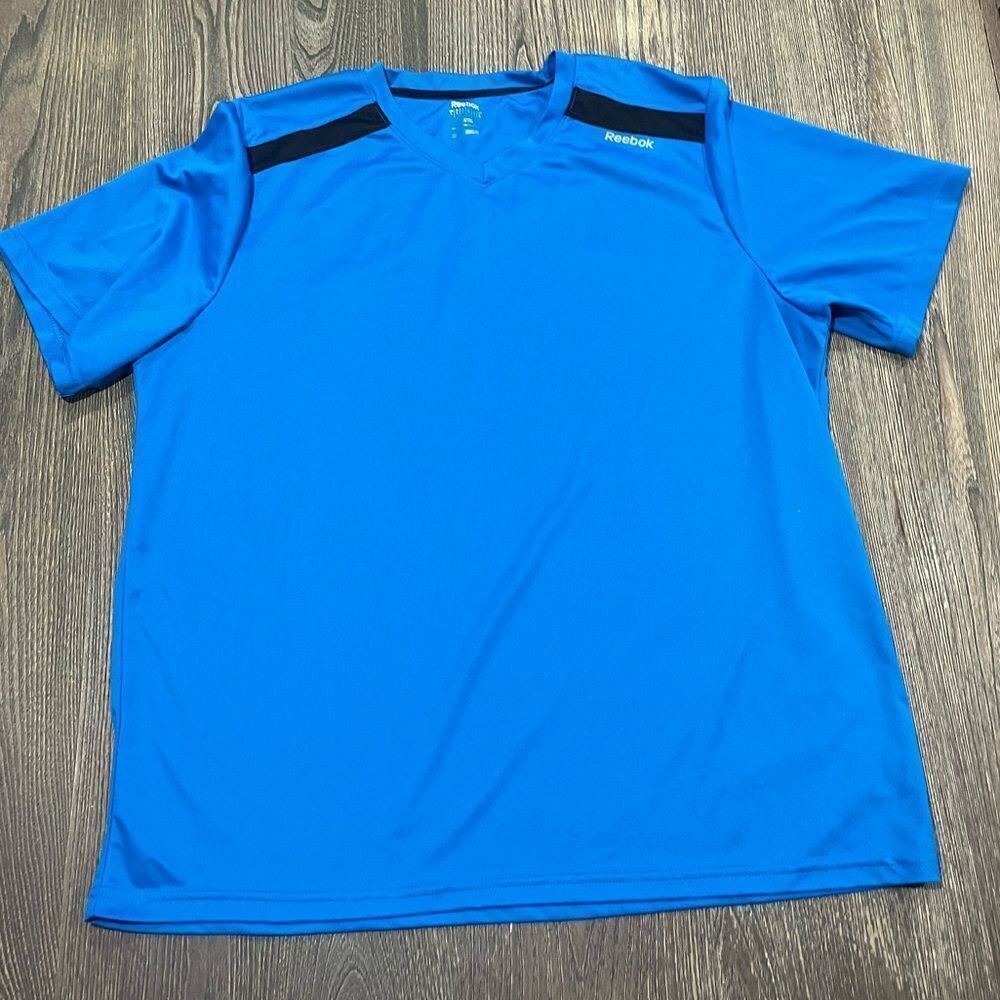 Reebok Mens Performance T-Shirt V-Neck Short Sleeve Pullover Blue Black Size L